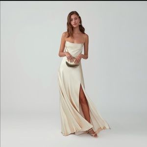 Fame & Partners Strappy Draped Gown Matte Satin Champagne